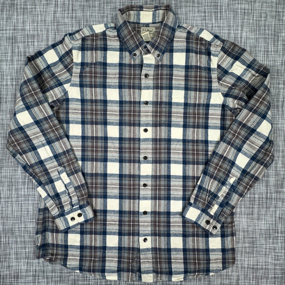 LL Bean Mens Flannel Shirt Slim Fit XL Tall Blue Cream Plaid Cotton Button Down